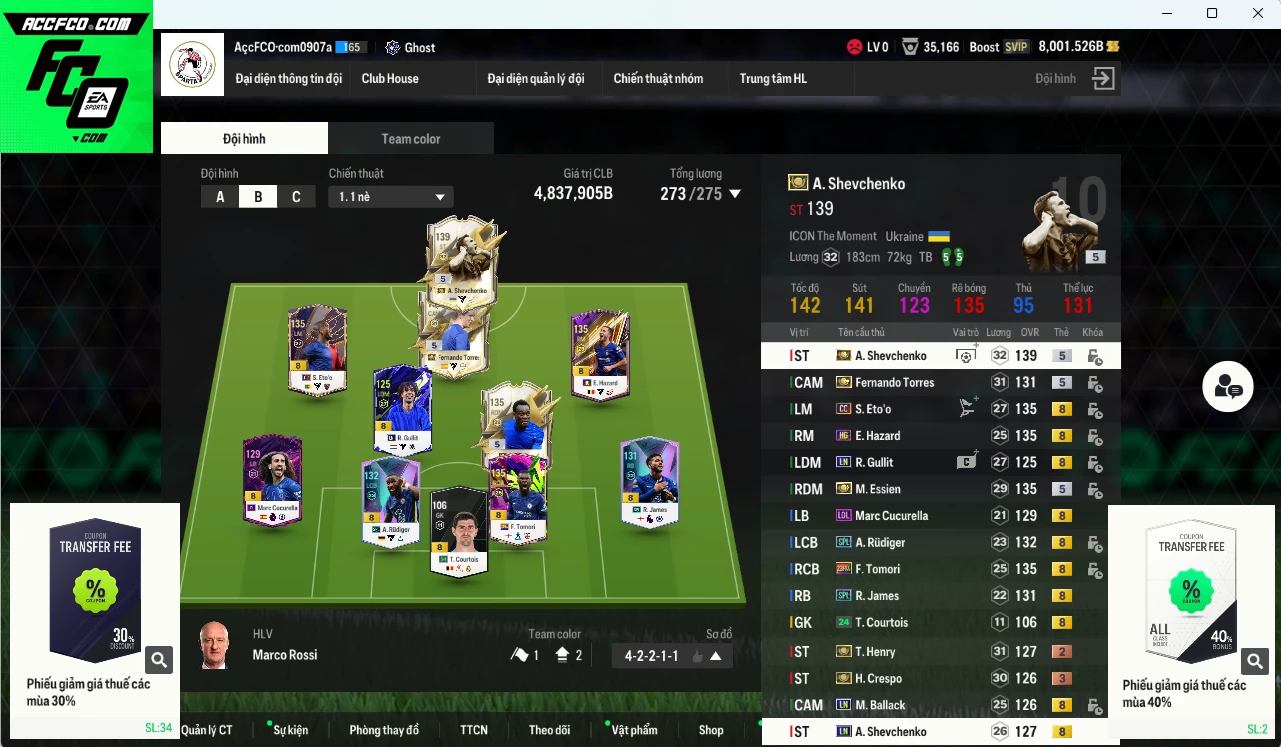 [ACC Rẻ🔥, Tặng 2000FC] Chelsea 4.837.900b có Sheva ITM+5, Torres ITM+5, Henry ITM+3, Essien ITM+5, Eto CC, Sheva LN, Tomori 23HW, Desailly CC, Rudiger SPL, Ballack LN, Gullit LN, Hazard HG...